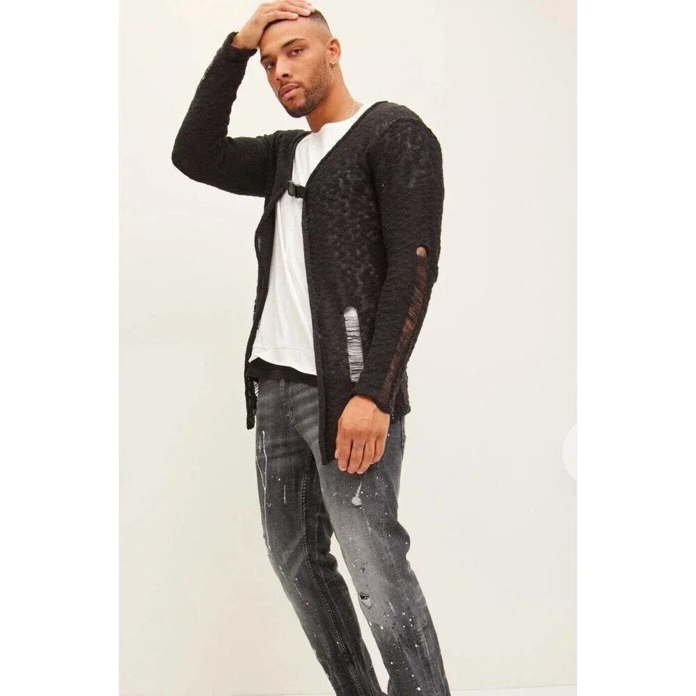 Ron Tomson Men’s Buckled Distressed Long Cardigan In Black Sz S/M New